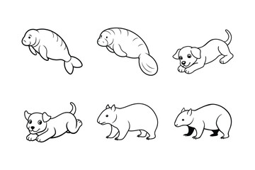 Adorable Cartoon Animals Manatees, Puppies, and Wombats - Line Art Illustrations