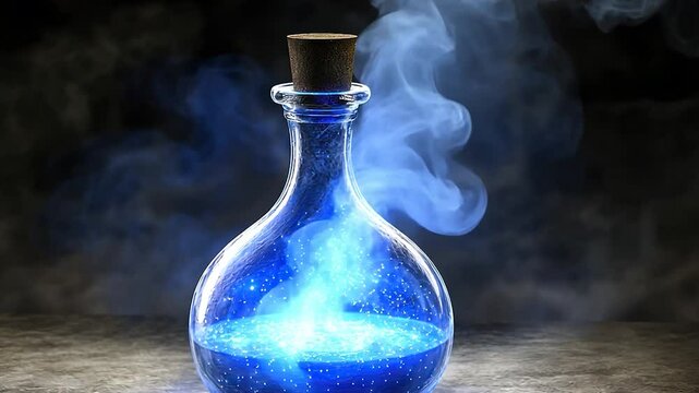 Mystical blue potion in glass bottle
