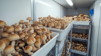 Growing mushrooms on a farm. Selective focus, Generative AI,