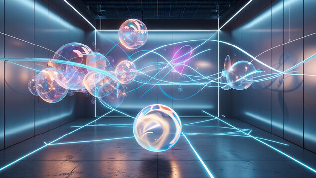 Hovering sphere emitting pastel glow in tech chamber with metal panels, neon ribbons and gridlines
