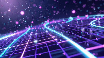 Obraz premium Weaving glowing curved neon lines across purple digital grid, showing particles and metallic nodes