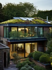 Obraz premium Modern architecture - sleek house features a black exterior and a grass-covered roof.