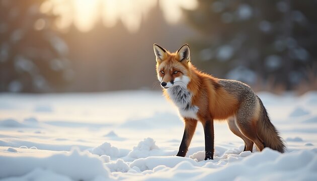 Red fox in winter snow, sun-drenched forest background, alert gaze. - Powered by Adobe