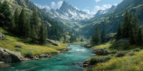 Obraz premium Picturesque mountain landscape with a clear river and vibrant flora during daylight hours