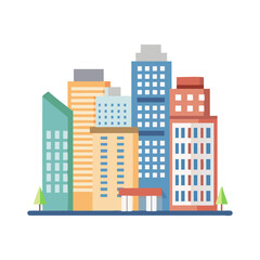 Urban skyline illustration with colorful buildings and trees  