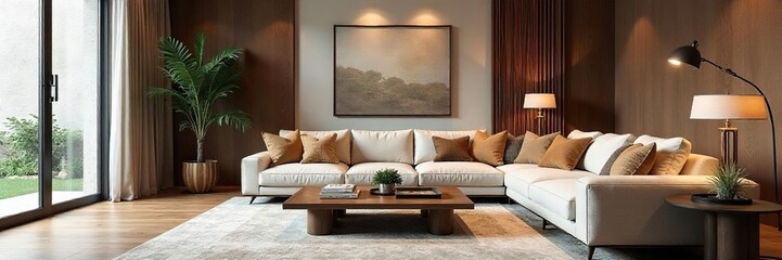 A tastefully decorated living room showcases a blend of classic and modern design elements; rich textures and elegant lines create a sophisticated ambiance , ambiance, house