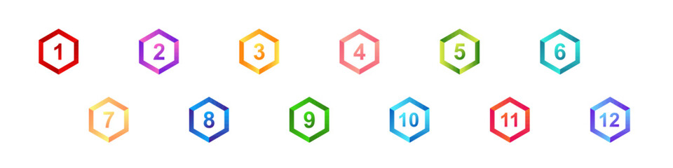 Set of twelve colorful numbered bullet icons for lists or steps in presentations and infographics.