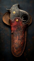 Engraved revolver and vintage leather holster scene High Resolution Picture