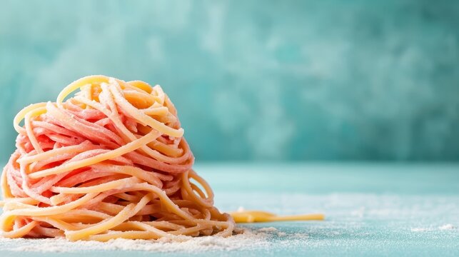 A vibrant pile of colorful pasta spirals sits gracefully on a turquoise surface, evoking a sense of culinary creativity and joyful dining experiences.