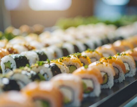 Delicious Sushi Platter Fresh Salmon and Avocado Maki Rolls A beautiful assortment of gourmet Japanese sushi