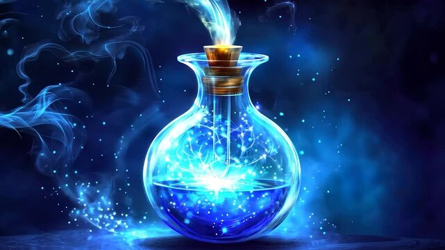 Magical blue potion in glass flask