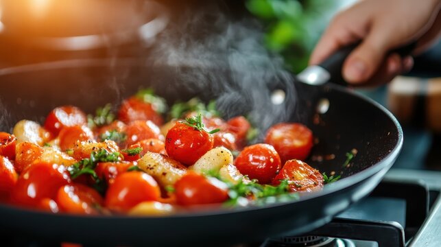 A vibrant scene of freshly cooked tomatoes with herbs sizzling in a pan, evoking warmth and homeliness while capturing a moment of culinary artistry.