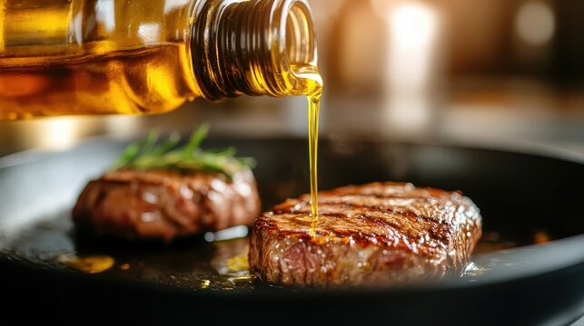 A tantalizing view of sizzling steaks in a pan, drenched with olive oil, showcasing the gourmet experience and the art of cooking.