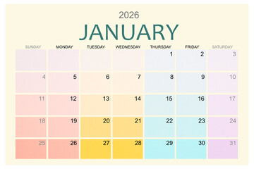 January 2026 Colorful calendar page isolated on white background.