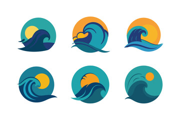 set of ocean wave with semi circle sun vector illustration