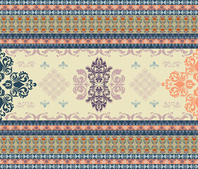 Damask fabric pattern, ethnic, abstract, Damask, cream, orange, blue, for textile, curtains, pillows, clothes, illustration, vector