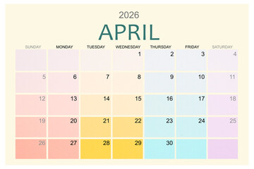 April 2026 Colorful calendar page isolated on white background.