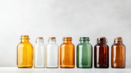 An elegant arrangement of decorative glass bottles in various colors and styles showcases potential for storage and aesthetic appeal in home decor and design projects.