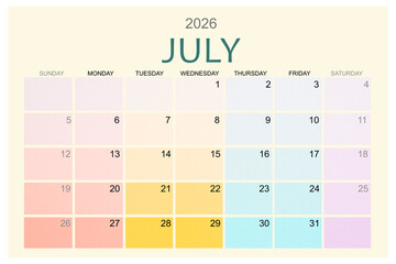 July 2026 Colorful calendar page isolated on white background.