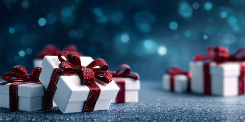Christmas background concept, elegant White Gift Boxes with Red Ribbons on Sparkling Blue Background