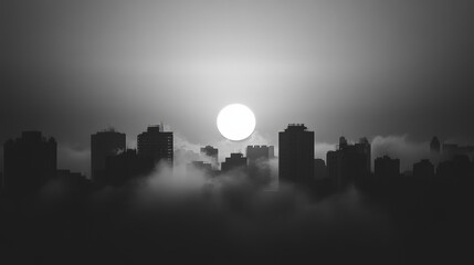 Naklejka premium Dramatic black and white skyline with minimalist building outlines and a setting sun, capturing a sleek urban silhouette and bold contrast in a modern cityscape.