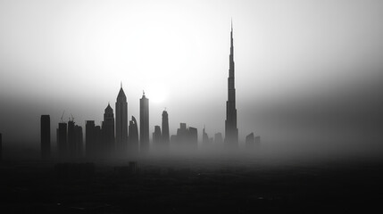 Obraz premium Dramatic black and white skyline with minimalist building outlines and a setting sun, capturing a sleek urban silhouette and bold contrast in a modern cityscape.