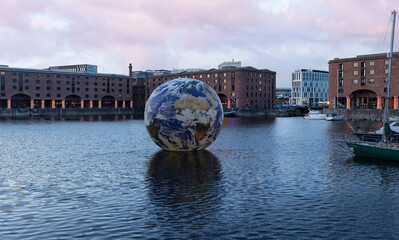 Liverpool, united kingdom May, 16, 2023  Floating earth in Albert Dock for Eurovision 2023