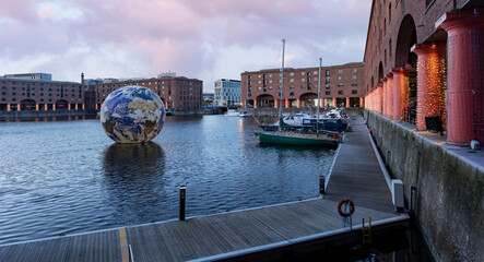 Liverpool, united kingdom May, 16, 2023  Floating earth in Albert Dock for Eurovision 2023