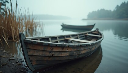 Obraz premium Misty Lake Scene: Wooden Rowboats at Rest, Reflections and Autumnal Reeds.