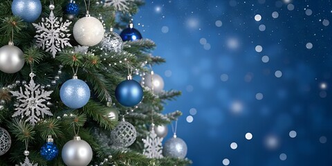Elegant Christmas Tree with Blue and Silver Ornaments on Bokeh Background