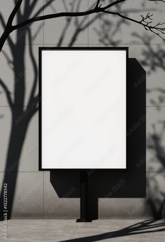 Poster minimalist blank billboard on a black pole, set against a gray concrete wall with tree branch shadow