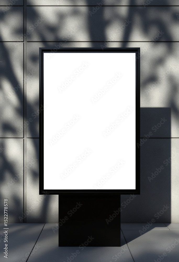 Poster minimalist blank billboard on a black pole, set against a gray concrete wall with tree branch shadow