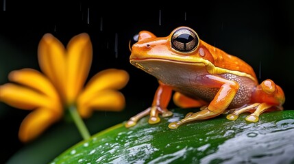 This close-up shot captures a vibrant orange tree frog perched on a leaf, surrounded by a delicate flower, showcasing nature's beauty and vivid colors.