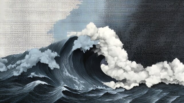 Stylized wave illustration with halftone dots and fading background, abstract marine concept combining ocean movement, graphic art, and retro pop aesthetics with a modern minimalist visual approach