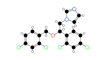miconazole molecule, structural chemical formula, ball-and-stick model, isolated image antifungal