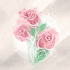 Beautiful watercolor bouquet of delicate roses on a textured beige background, hand-drawn illustration. Sticker, postcard, sketch, watercolor flower, roses