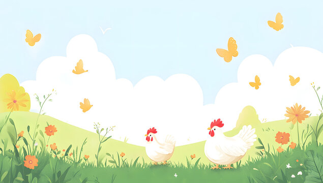 Birds including a white chicken and rooster on grass with a sky background