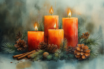 Christmas candles and pine cones painted in watercolor.