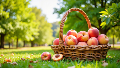 Basket of fresh apples on grass in sunny orchard  