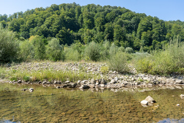Mountain river in summer day. Flow of water over stones. Cascades stream