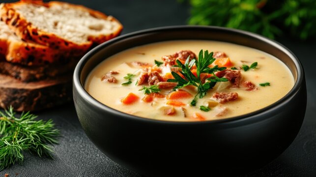 A delicious creamy soup paired with fresh, toasted bread, garnished with herbs, evoking warmth, comfort, and satisfaction from a homemade meal experience.