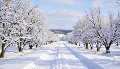 Snow-covered pathway through trees in a winter landscape  