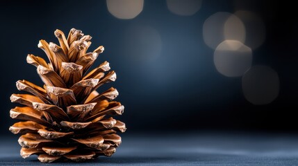 A beautifully detailed pinecone sits elegantly against a soft dark background adorned with bokeh light, showcasing nature's intricate beauty and the art of simplicity.