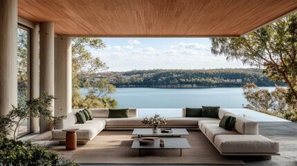 Obraz premium Outdoor patio seating area with a stunning view of a lake and hills.