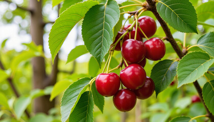 Fresh red cherries hanging from a branch with green leaves  