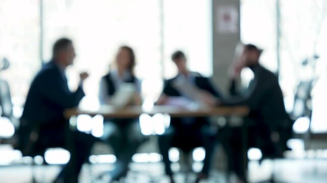 Business people, meeting and corporate discussion against a blurred background at the office. Group of employees in team planning, presentation or training staff for collaboration at the conference