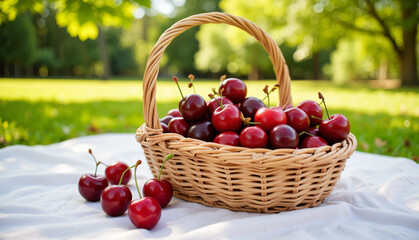 Fresh cherries in wicker basket on white cloth in sunny park  