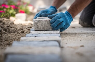 A person in blue gloves carefully lays stone pavers along a garden pathway.