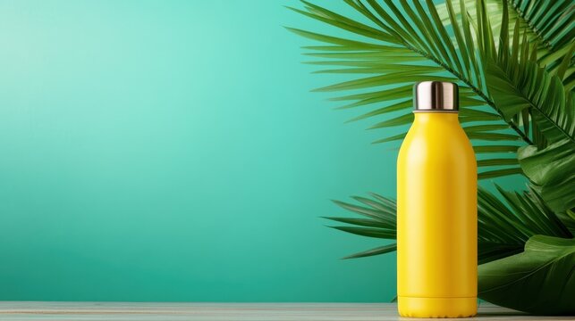 A modern yellow stainless steel water bottle stands against a vibrant pastel-colored backdrop, surrounded by lush palm leaves that evoke freshness and tropical vibes.
