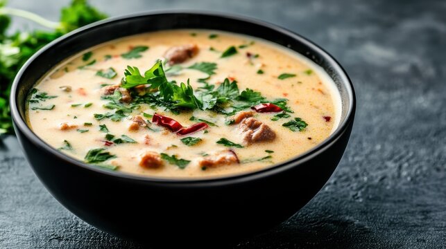 A steaming bowl of soup, abundant with colorful ingredients and garnished with fresh herbs, invites warmth and comfort on a cool day, radiating a sense of culinary artistry.